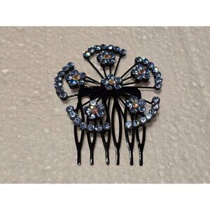 Vintage Rhinestone Flower Hair Comb Accessory Blue Crystals On Black